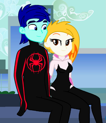 Size: 969x1122 | Tagged: safe, artist:robertsonskywa1, imported from derpibooru, oc, oc:starshadow skystalker, equestria girls, canon x oc, clothes, female, flare (g5), g5, male, marvel, miles morales, my little pony: tell your tale, photo, shipping, sitting, spider-gwen, spider-man, spider-man: across the spider-verse, suit