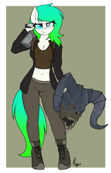 Size: 1753x2716 | Tagged: safe, artist:ponynamedmixtape, derpibooru exclusive, imported from derpibooru, oc, oc only, oc:gumdrop, anthro, deathclaw, belly button, fallout, female, gun, injured, midriff, solo, weapon