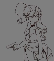 Size: 1070x1211 | Tagged: safe, artist:tabuley, imported from derpibooru, rarity, anthro, unicorn, bikini, breasts, busty rarity, choker, cleavage, clothes, female, glasses, glock, gray background, grayscale, gun, handgun, lidded eyes, mare, monochrome, pistol, simple background, solo, swimsuit, weapon