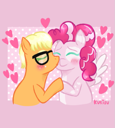 Size: 525x584 | Tagged: safe, artist:kurisumuffins, imported from derpibooru, applejack, pinkie pie, earth pony, pegasus, pony, alternate universe, applepie, cheek kiss, couple, cute, female, glasses, heart, kissing, lesbian, mare, pegasus pinkie pie, race swap, shipping