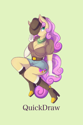 Size: 1365x2048 | Tagged: safe, artist:mscolorsplash, imported from derpibooru, oc, oc only, oc:quickdraw, anthro, earth pony, boob freckles, boots, breasts, busty oc, chest freckles, cleavage, clothes, commission, cowboy hat, denim, denim skirt, female, freckles, green background, hat, high heel boots, looking at you, mare, shoes, simple background, skirt, solo, spurs