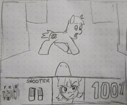 Size: 2048x1692 | Tagged: safe, artist:pony quarantine, imported from derpibooru, oc, oc only, earth pony, pony, doom, female, graph paper, grayscale, hud, looking at you, male, mare, monochrome, offscreen character, open mouth, pencil drawing, pov, snoot, stallion, traditional art