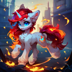 Size: 4096x4096 | Tagged: safe, imported from derpibooru, oc, oc only, oc:feisty fire, pony, unicorn, ai content, ai generated, big ears, blushing, butt fluff, chest fluff, ear fluff, female, fire, fluffy, generator:purplesmart.ai, generator:stable diffusion, horn, looking at you, looking back, looking back at you, mane of fire, mare, prompter:aeroliger, solo, unshorn fetlocks