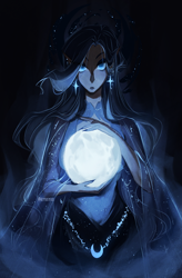 Size: 2410x3683 | Tagged: safe, artist:iheyyasyfox, imported from derpibooru, princess luna, human, clothes, dress, elf ears, female, full moon, high res, humanized, looking at you, moon, signature, slit pupils, solo, tangible heavenly object