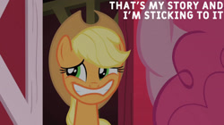 Size: 1920x1078 | Tagged: safe, edit, edited screencap, editor:quoterific, imported from derpibooru, screencap, applejack, pinkie pie, party of one, bad poker face, barn