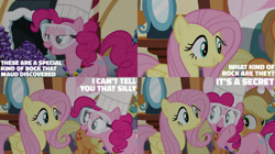 Size: 2000x1123 | Tagged: safe, edit, edited screencap, editor:quoterific, imported from derpibooru, screencap, applejack, fluttershy, pinkie pie, maud pie (episode), candy, food, goggles, jewelry, necklace, rock candy, rock candy necklace, sugarcube corner