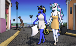 Size: 1529x930 | Tagged: safe, artist:apocheck13, imported from derpibooru, princess celestia, oc, oc:destiny light, alicorn, anthro, earth pony, plantigrade anthro, unicorn, anthro oc, bag, city, cityscape, clothes, commission, dress, duo, duo female, earth pony oc, feet, female, horn, lesbian couple, male, nail polish, ocean, painted nails, sandals, scenery, shopping bag, store, street, street lamp, sunglasses, sunglasses on head, toenail polish, toenails, unicorn oc, water