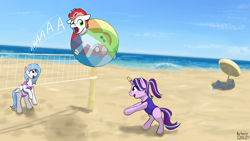 Size: 3840x2160 | Tagged: safe, artist:barhandar, imported from twibooru, starlight glimmer, oc, oc:starburn, oc:swift apex, oc:windswept skies, pegasus, pony, unicorn, beach, beach ball, beach volleyball, bondage, bully, bullying, clothes, cork, dutch angle, encasement, female, floppy ears, fun suit, image, inflatable, inflatable suit, male, mare, ocean, one-piece swimsuit, png, rearing, screaming, signature, sports, stallion, swimsuit, two-piece swimsuit, volleyball