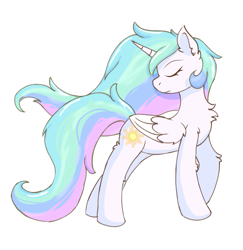 Size: 647x665 | Tagged: safe, artist:infinaitly, imported from derpibooru, princess celestia, alicorn, pony, chest fluff, eyes closed, female, fluffy, full body, loose hair, mare, simple background, solo, white background