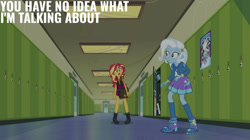 Size: 1920x1078 | Tagged: safe, edit, edited screencap, editor:quoterific, imported from derpibooru, screencap, sunset shimmer, trixie, equestria girls, equestria girls series, forgotten friendship, lockers