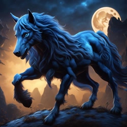 Size: 1024x1024 | Tagged: safe, imported from derpibooru, oc, oc only, oc:blue swirl, earth pony, pony, were-pony, werewolf, wolf, wolf pony, ai content, ai generated, blue fur, blue mane, blue tail, earth pony oc, fanfic art, male, male oc, moon, solo, tail