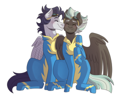 Size: 3500x2800 | Tagged: safe, artist:monnarcha, imported from derpibooru, soarin', thunderlane, pony, clothes, gay, goggles, male, nuzzling, shipping, simple background, soarilane, transparent background, uniform, wonderbolts uniform