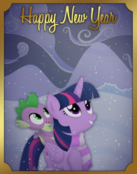 Size: 1568x2000 | Tagged: safe, artist:lovinglypromise, imported from derpibooru, spike, twilight sparkle, alicorn, dragon, pony, clothes, dragons riding ponies, happy new year 2024, riding, scarf, snow, twilight sparkle (alicorn)