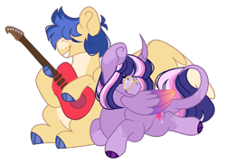 Size: 3115x2268 | Tagged: safe, artist:pixiesimm, imported from derpibooru, flash sentry, twilight sparkle, alicorn, pony, colored wings, curved horn, female, flashlight, glasses, gradient wings, guitar, horn, male, musical instrument, shipping, simple background, straight, transparent background, twilight sparkle (alicorn), wings
