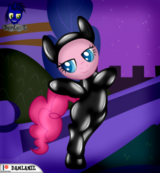 Size: 3840x4154 | Tagged: safe, artist:damlanil, imported from derpibooru, pinkie pie, earth pony, pony, bipedal, bodysuit, bush, catsuit, clothes, female, hood, horn, latex, latex suit, mare, pose, raised hoof, rubber, shiny, show accurate, solo, spy, spy suit, standing, standing on one leg, suit, vector