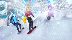 Size: 3840x2160 | Tagged: safe, artist:unie, imported from ponybooru, braeburn, double diamond, shining armor, anthro, plantigrade anthro, boots, clothes, helmet, horn, jacket, pants, pine tree, shoes, snow, snowboard, snowboarding, sports, tail, tree