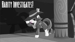 Size: 1280x720 | Tagged: safe, artist:detectivefrankie, edit, edited screencap, imported from derpibooru, screencap, rarity, rarity investigates, black and white, clothes, coat, detective coat, detective hat, detective rarity, gray, grayscale, hat, lipstick, monochrome, noir, pink lipstick