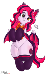 Size: 4706x7436 | Tagged: safe, artist:cdrspark, artist:pabbley, color edit, edit, editor:cdrspark, imported from derpibooru, oc, oc only, oc:arrhythmia, bat pony, pony, absurd resolution, bat pony oc, bat wings, bedroom eyes, belly button, butt blush, clothes, colored, eyeshadow, fangs, female, floating heart, heart, hooves to the chest, makeup, scarf, simple background, socks, solo, white background, wings
