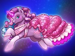 Size: 2400x1800 | Tagged: safe, artist:sparkytopia, imported from derpibooru, lily lightly, pony, unicorn, clothes, dress, female, g3, glitter, glowing, glowing horn, horn, jewelry, looking at you, mare, necklace, pearl necklace, pink mane, purple coat, socks, solo