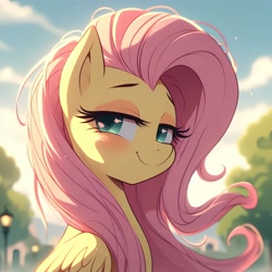 Size: 4096x4096 | Tagged: safe, imported from derpibooru, fluttershy, pegasus, pony, absurd resolution, ai content, ai generated, blurry background, bust, female, generator:bing image creator, generator:dall-e 3, lidded eyes, looking at you, mare, outdoors, prompter:enterusxrname, smiling, smiling at you, solo, upscaled