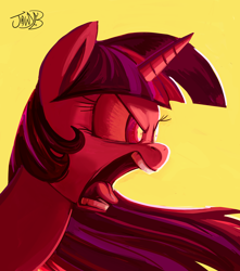Size: 4390x4961 | Tagged: safe, artist:jowyb, imported from derpibooru, twilight sparkle, pony, unicorn, angry, open mouth, ragelight sparkle, simple background, speedpaint, tongue out, unicorn twilight, yelling, yellow background