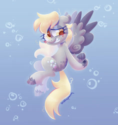 Size: 868x920 | Tagged: safe, artist:bishopony, imported from derpibooru, derpy hooves, pegasus, pony, blush scribble, blushing, bubble, cute, derpabetes, floppy ears, gradient background, grin, hooves behind back, looking back, nervous, nervous grin, signature, smiling, solo, spread wings, unshorn fetlocks, wings