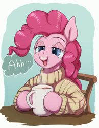 Size: 828x1067 | Tagged: safe, artist:neoshrek, imported from derpibooru, pinkie pie, earth pony, pony, chair, clothes, coffee mug, dialogue, female, mug, solo, sweater, table