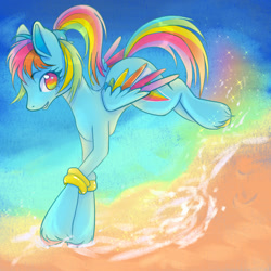 Size: 1240x1240 | Tagged: safe, artist:sainthorse, imported from derpibooru, rainbow dash, pegasus, pony, beach, running, smiling, solo, unshorn fetlocks