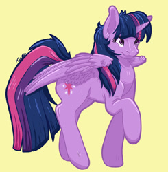 Size: 780x797 | Tagged: safe, artist:thepinkdragon123, imported from derpibooru, twilight sparkle, alicorn, pony, female, mare, raised hoof, signature, simple background, smiling, solo, twilight sparkle (alicorn), yellow background