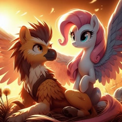 Size: 1024x1024 | Tagged: safe, imported from derpibooru, griffon, pegasus, pony, ai content, ai generated, bing, feathered wings, flower, looking at each other, looking at someone, not pinkie pie, photo, spread wings, sunset, wings