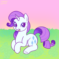 Size: 1300x1300 | Tagged: safe, artist:leopardsnaps, imported from derpibooru, rarity, pony, unicorn, gradient mane, grass, looking at you, lying down, outdoors, pink sky, sky, smiling, solo, sunrise, tongue out