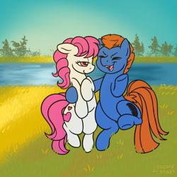 Size: 3000x3000 | Tagged: safe, alternate version, artist:leopardsnaps, imported from derpibooru, sunbeam, sweetheart, teddy, earth pony, pony, my little pony tales, detailed background, duo, eyes closed, floppy ears, g1, grass, lidded eyes, looking at someone, open mouth, open smile, raised hoof, raised leg, river, shipping, shy, side hug, smiling, sunrise, talking, tree, water