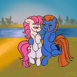 Size: 3000x3000 | Tagged: safe, alternate version, artist:leopardsnaps, imported from derpibooru, sunbeam, sweetheart, teddy, earth pony, pony, my little pony tales, detailed background, duo, eyes closed, floppy ears, g1, grass, lidded eyes, looking at someone, open mouth, open smile, raised hoof, raised leg, river, shipping, shy, side hug, smiling, sunrise, talking, tree, water