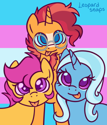 Size: 3000x3500 | Tagged: safe, artist:leopardsnaps, imported from derpibooru, scootaloo, sunburst, trixie, pegasus, pony, unicorn, beard, facial hair, female, filly, foal, glasses, looking at you, male, mare, pride, pride flag, pride flag background, smiling, stallion, tongue out, transgender pride flag