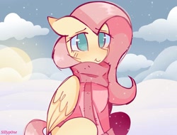 Size: 1579x1203 | Tagged: safe, artist:sillyp0ne, imported from derpibooru, fluttershy, pegasus, pony, clothes, cute, female, mare, scarf, shyabetes, signature, sitting, snow, solo, sweater, winter