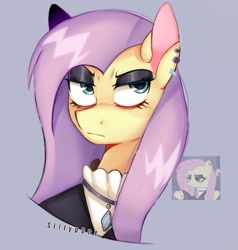 Size: 885x931 | Tagged: safe, artist:sillyp0ne, imported from derpibooru, fluttershy, pegasus, pony, fake it 'til you make it, bust, female, fluttergoth, frown, mare, piercing, portrait, signature, simple background, solo