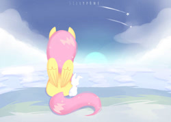 Size: 750x533 | Tagged: safe, artist:sillyp0ne, imported from derpibooru, angel bunny, fluttershy, pegasus, pony, cloud, from behind, shooting star, sitting, sky, snow, solo