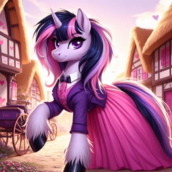 Size: 1024x1024 | Tagged: safe, imported from ponybooru, twilight sparkle, pony, unicorn, ai content, ai generated, alternate hairstyle, bing, cart, clothed ponies, clothes, female, heart, hoof polish, looking at you, mare, pink skirt, ponyville, skirt, smiling, smiling at you, solo, unicorn twilight, unshorn fetlocks