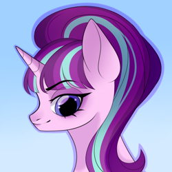 Size: 2600x2600 | Tagged: safe, artist:undersidecat, imported from derpibooru, starlight glimmer, pony, unicorn, blue background, bust, eyebrows, eyebrows visible through hair, female, gradient background, mare, portrait, s5 starlight, simple background, smiling, solo