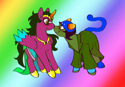 Size: 1084x757 | Tagged: safe, artist:dailyfefnepz, imported from derpibooru, alicorn, earth pony, pony, blushing, clothes, dithering, duo, feferi peixes, glasses, gradient background, homestuck, looking at each other, looking at someone, nepeta leijon, ponified, rainbow background, smiling, smiling at each other