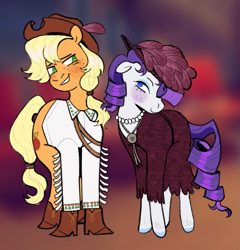 Size: 1247x1299 | Tagged: safe, artist:peachybats, imported from derpibooru, applejack, rarity, earth pony, pony, unicorn, applejack's hat, blushing, boots, clothes, cowboy hat, dress, female, freckles, hat, jewelry, lesbian, looking at each other, looking at someone, necklace, rarijack, shipping, shoes, simple background, smiling, smiling at each other, solo, white background