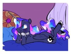 Size: 1280x983 | Tagged: safe, artist:peachybats, imported from derpibooru, princess luna, alicorn, pony, bed, lying down, simple background, smiling, solo, white background