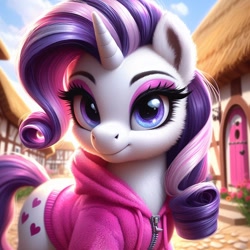 Size: 1024x1024 | Tagged: safe, imported from ponybooru, rarity, pony, unicorn, ai content, ai generated, alternate cutie mark, aside glance, bing, clothes, female, fluffy, hoodie, looking at you, mare, ponyville, sideways glance, solo