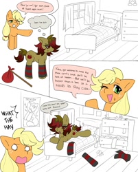 Size: 967x1200 | Tagged: safe, artist:xxb4d_4ppl3xx, imported from derpibooru, applejack, trixie, oc, oc:bad apple, earth pony, pony, antisocial, bong, cellphone, clothes, drugs, leg warmers, messy, phone, smartphone