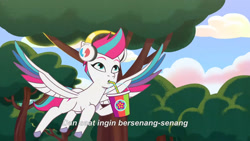 Size: 3072x1727 | Tagged: safe, imported from derpibooru, screencap, zipp storm, pegasus, pony, spoiler:g5, spoiler:my little pony: tell your tale, spoiler:tyts02e01, banana, drink, drinking, female, flying, food, g5, headphones, icy prints, indonesian, mare, my little pony: tell your tale, smoothie, solo, spread wings, subtitles, wings