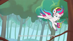 Size: 3072x1727 | Tagged: safe, imported from derpibooru, screencap, zipp storm, pegasus, pony, spoiler:g5, spoiler:my little pony: tell your tale, spoiler:tyts02e01, banana, drink, drinking, female, flying, food, g5, headphones, icy prints, indonesian, mare, my little pony: tell your tale, smoothie, solo, spread wings, subtitles, wings