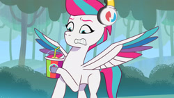 Size: 3072x1727 | Tagged: safe, imported from derpibooru, screencap, zipp storm, pegasus, pony, spoiler:g5, spoiler:my little pony: tell your tale, spoiler:tyts02e01, banana, drink, female, food, g5, gritted teeth, headphones, icy prints, mare, my little pony: tell your tale, smoothie, solo, spread wings, teeth, wings