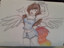 Size: 2048x1536 | Tagged: safe, artist:mscolorsplash, imported from derpibooru, oc, oc only, oc:color splash, anthro, pegasus, armpits, arms in the air, belly button, breasts, busty oc, clothes, eyes closed, midriff, pajamas, shorts, solo, spread wings, stretching, traditional art, wings, yawn