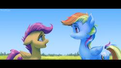 Size: 2560x1440 | Tagged: safe, artist:robsa990, imported from derpibooru, rainbow dash, scootaloo, pegasus, pony, duo, female, filly, foal, mare, siblings, sisters