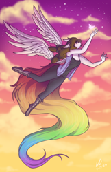 Size: 3300x5100 | Tagged: safe, artist:mscolorsplash, imported from derpibooru, oc, oc only, oc:color splash, anthro, butterfly, pegasus, plantigrade anthro, absurd resolution, boots, breasts, cleavage, clothes, female, flying, mare, rainbow tail, shoes, spread wings, sunset, tail, wings
